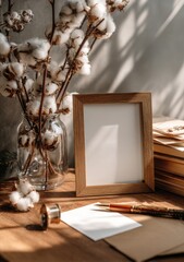 Sunlit wooden desk scene with cotton blooms in a glass vase, a blank frame, stationery, and aged books
