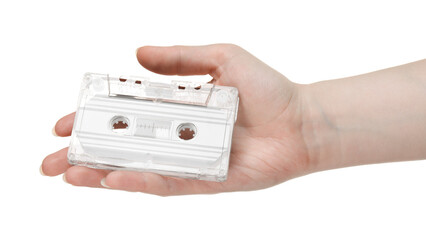 Woman with audio cassette on white background, closeup