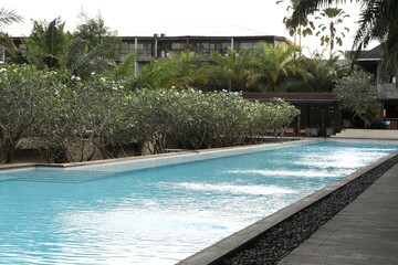 Outdoor swimming pool, building and green plants at luxury resort