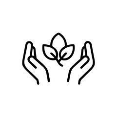 Two Hands Gently Protecting Three Green Leaves Eco Friendly Environment Symbol Line Art Icon