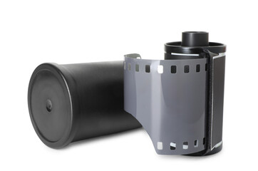 Roll of photographic film and canister isolated on white