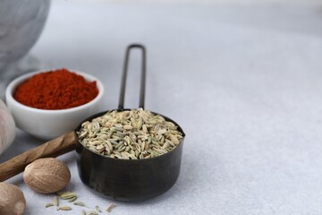 Different aromatic spices on light grey table, closeup. Space for text