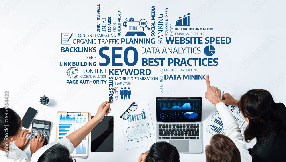Aufkleber a diverse business team collaborates on digital marketing strategies, focusing on seo and data analy