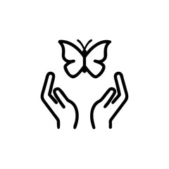 Black Line Art Two Hands Holding Butterfly Eco Friendly Environment Symbol white