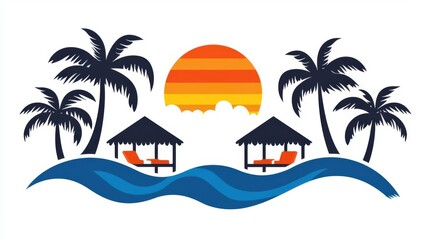 Obraz premium Tropical sunset with palm trees and relaxing cabanas by the water, ideal for vacation and relaxation imagery.
