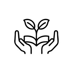 Black Line Art Hands Holding Growing Plant From Book Eco Friendly Concept Illustration