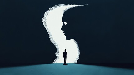 A silhouette of a woman merges with a soulful figure, symbolizing introspection and emotional depth.