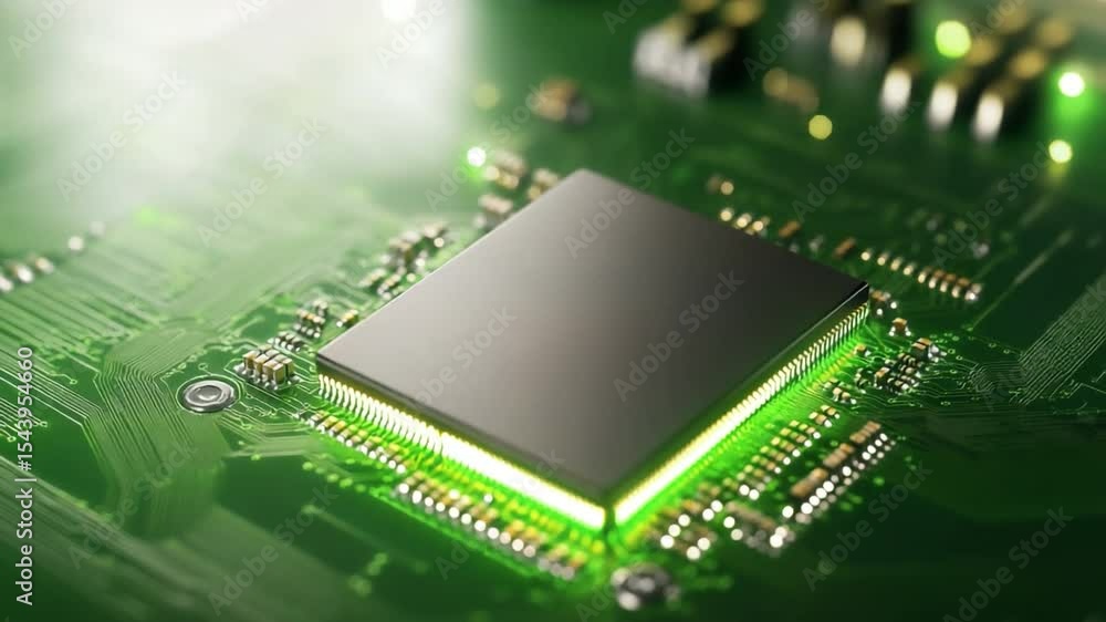 Aufkleber digital brain: an advanced integrated circuit chip, the digital brain, glows brightly with electrica