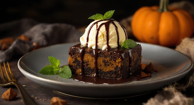 Gourmet pumpkin brownie dessert with vanilla ice cream and chocolate sauce