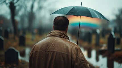 Fototapeta premium A man holding a black umbrella stands in a rainy cemetery, where he witnesses a rainbow emerge in the background, symbolizing hope and connection amid feelings of sadness and loss.