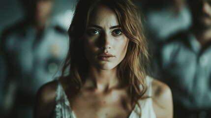 A woman stands at the forefront, caught in a gripping moment as police officers loom in the background, evoking feelings of uncertainty and tension in this powerful scene.
