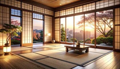Fototapeta premium Serene Japanese Room with Sunrise View.
