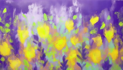  vibrant abstract floral pattern with large yellow daisy like shapes on textured purple background with green accents for bold halloween web design or poster branding