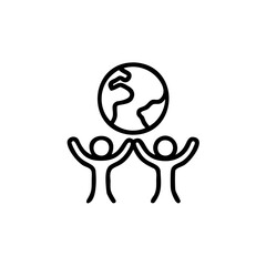 Two Simple Figures Raising Hands Supporting a Detailed Earth Globe Icon Black Line Art Graphic