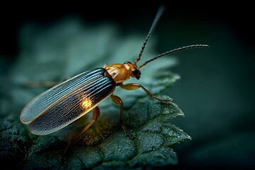 Close up of firefly resting a green leaf in low light emitting soft natural bioluminescence from its abdomen captured in a macro realistic setting