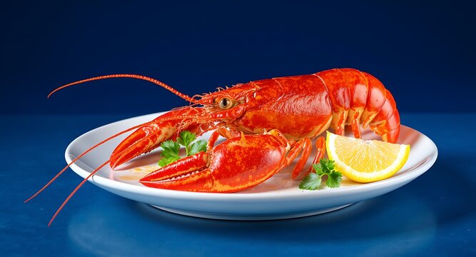 Cooked lobster on white plate with lemon and parsley garnish, blue background
