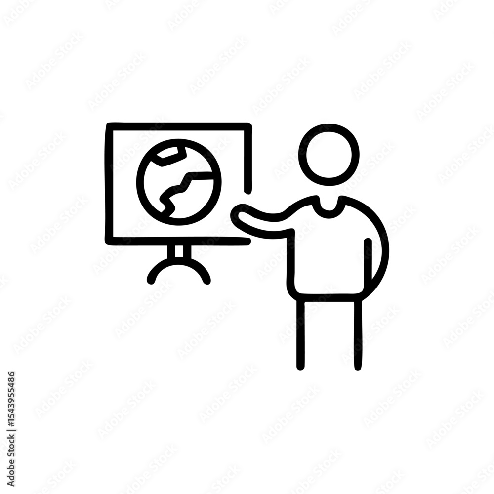Poster simple line drawing of person presenting a world globe on a stand simple icon environmental presenta