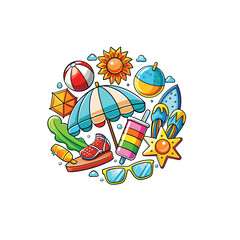 Bright summer activity vector illustration with shoes, sun, beach ball, sunglasses, and tropical elements. Ideal for travel designs, posters, flyers, t-shirts, and party invitations.
