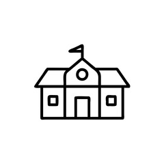 Simple Black Line Drawing School Building Icon Flag Roof Windows Door Education Environment