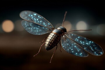 Close up of firefly abdominal light organ emitting controlled bioluminescence during flight highly realistic macro view