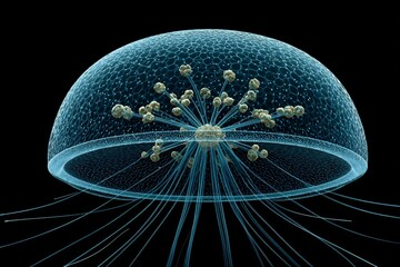 Close up of crystal jelly Aequorea victoria glowing blue green bioluminescence in cold ocean waters transparent bell and radial symmetry in perfect realism
