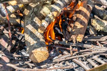 close up view of pieces of fine firewood burning for barbecue embers. Burning charcoal barbecue...