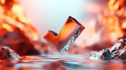 A reflective checkmark floats above a surreal, fiery landscape, representing achievement and validation amidst an artistic combination of warmth and intensity in nature.