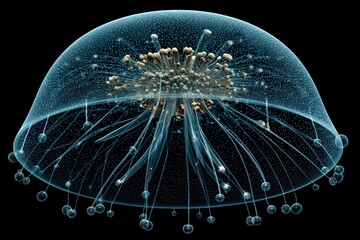 Close up of crystal jelly Aequorea victoria glowing blue green bioluminescence in cold ocean waters transparent bell and radial symmetry in perfect realism