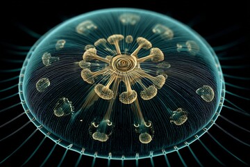 Close up of crystal jelly Aequorea victoria glowing blue green bioluminescence in cold ocean waters transparent bell and radial symmetry in perfect realism
