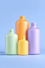 Pastel Colored Bottles Arranged by Height on Blue Background