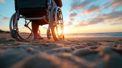 A poignant and uplifting scene shows a sunset view from a wheelchair, highlighting the beauty of accessibility and the joy of experiencing nature at the beach.