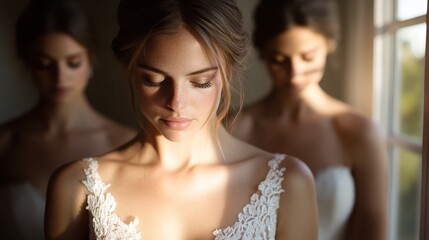 A beautifully lit image of a bride and her bridesmaids in a moment of quiet preparation, showcasing the elegance and intimacy of wedding day emotions before the ceremony.