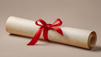 A rolled certificate tied with a red ribbon rests on a plain surface, symbolizing accomplishment and potential achievements.
