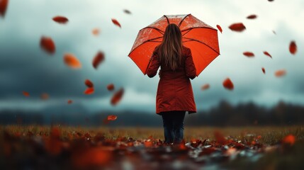 Obraz premium A woman in a bright red coat stands with an umbrella amidst a landscape of swirling autumn leaves under a moody sky, evoking feelings of nostalgia and introspection.