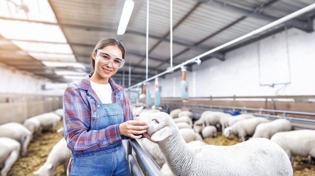 Young female farmer wearing smart glasses monitoring sheep with augmented reality in modern barn - Powered by Adobe