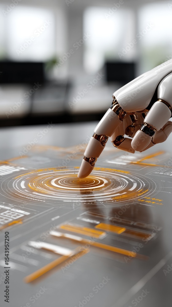 Poster a robot hand delicately touches a holographic screen displaying a circular wave, showcasing advanced
