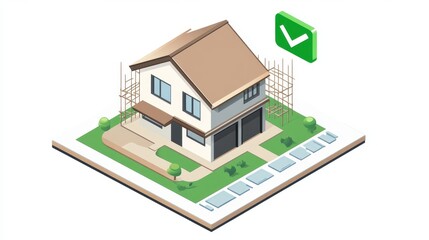 Genarate an isomatric icon that that depicts a construction work completed - include a project building with a green tick in the corner, don't include any scaffolding -