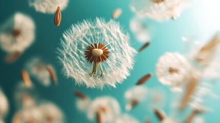 A captivating close-up of dandelion seeds being dispersed by the wind, against a serene blue background, symbolizing freedom and the beauty of nature.