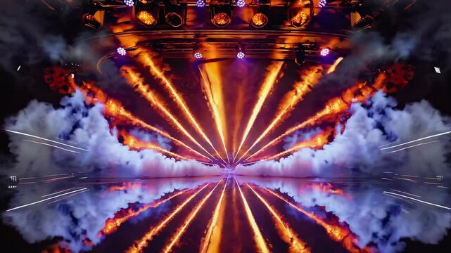 Loopable stage pyrotechnic light show with symmetrical orange flame bursts and smoke effects, ideal for concert, event, or EDM visual backgrounds