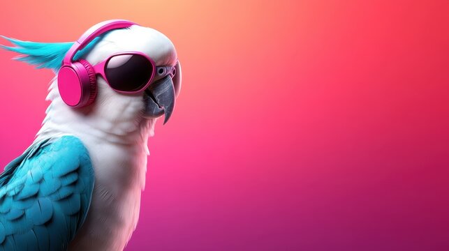 A vibrant parrot wearing oversized headphones and stylish sunglasses against a colorful backdrop brings a playful, contemporary vibe, perfect for music and fun themes.
