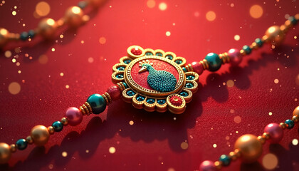 Colorful rakhi ornament on red background symbolizing Raksha Bandhan  