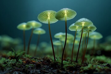 Bioluminescent toadstools glowing rainforest floor under thick canopy green glow in humidity filled natural environment
