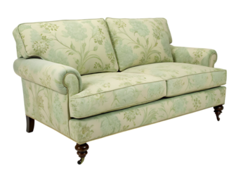 Floral Patterned Sofa with Cushions and Dark Brown Wooden Legs