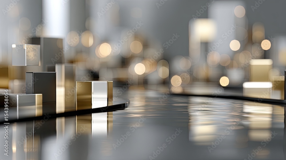 Poster floating data blocks form a futuristic cityscape, enhanced by glowing lights and reflections, emphas