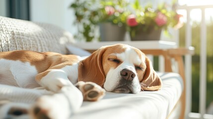 Fototapeta na wymiar A beagle dog peacefully naps on a sunlit couch surrounded by blooming plants, embodying comfort and tranquility, radiating a warm, cozy ambiance of home life.