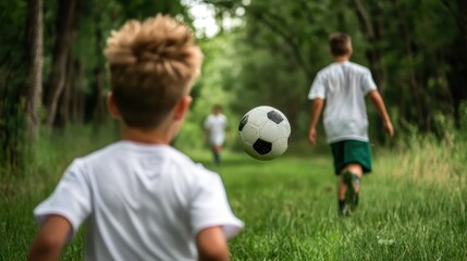 Obraz premium Energetic boys are playing soccer on a lush green path, capturing the essence of childhood joy and teamwork in a vibrant outdoor setting surrounded by nature.