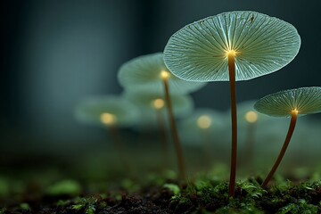 Bioluminescent toadstools glowing rainforest floor under thick canopy green glow in humidity filled natural environment