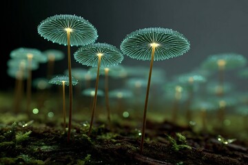 Bioluminescent toadstools glowing rainforest floor under thick canopy green glow in humidity filled natural environment