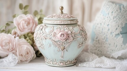 Delicate light blue decorative box with detailed carvings and pastel pink roses.