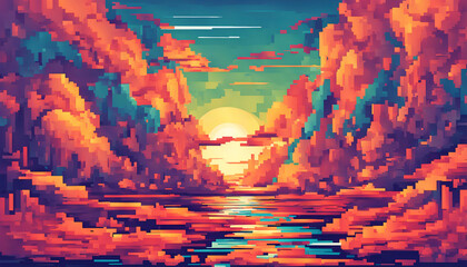 Vibrant pixel art sunset over the ocean with majestic clouds